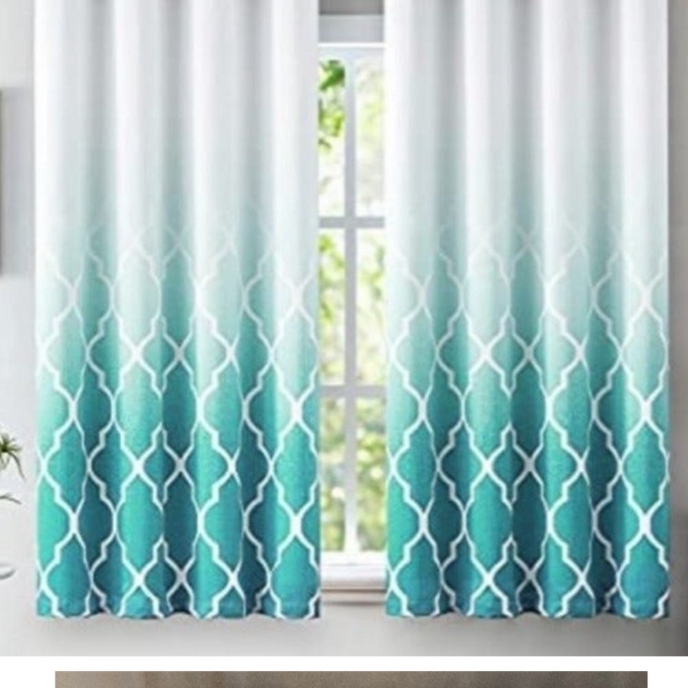 Teal white ombre Moroccan pattern grommet top black out curtains 63"x 52" new